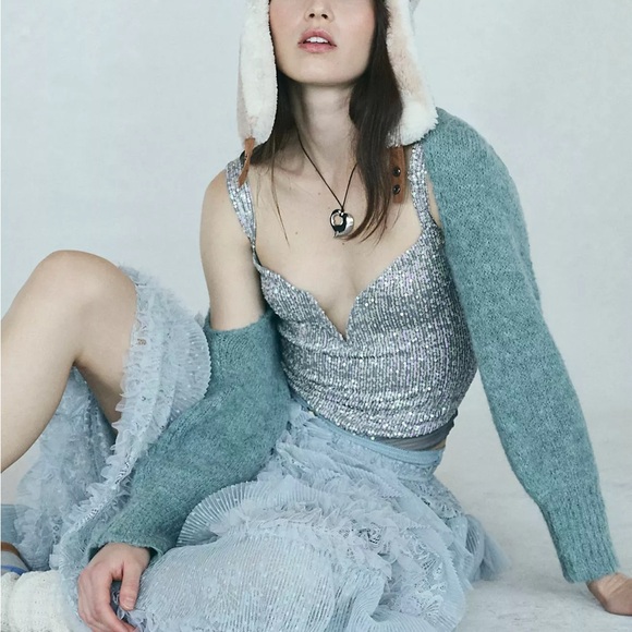 Free People intimately sparks fly baby blue iridescent sequin bodysuit size S - Picture 1 of 11